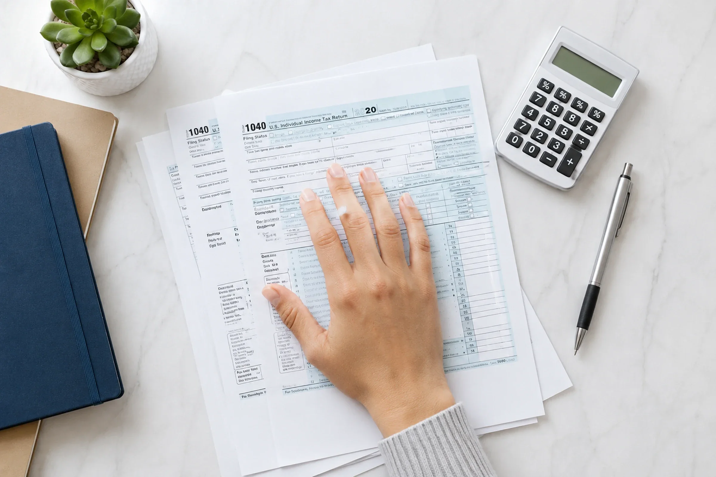 Tax documents and calculator being reviewed for financial planning