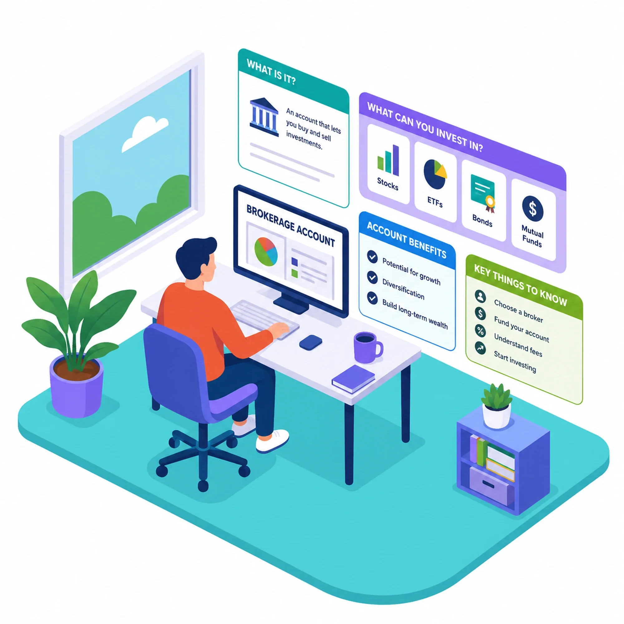 Illustration of a person reviewing investments and account information
