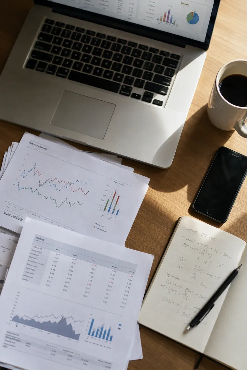 Fund research materials, market charts, and a laptop arranged for due-diligence review
