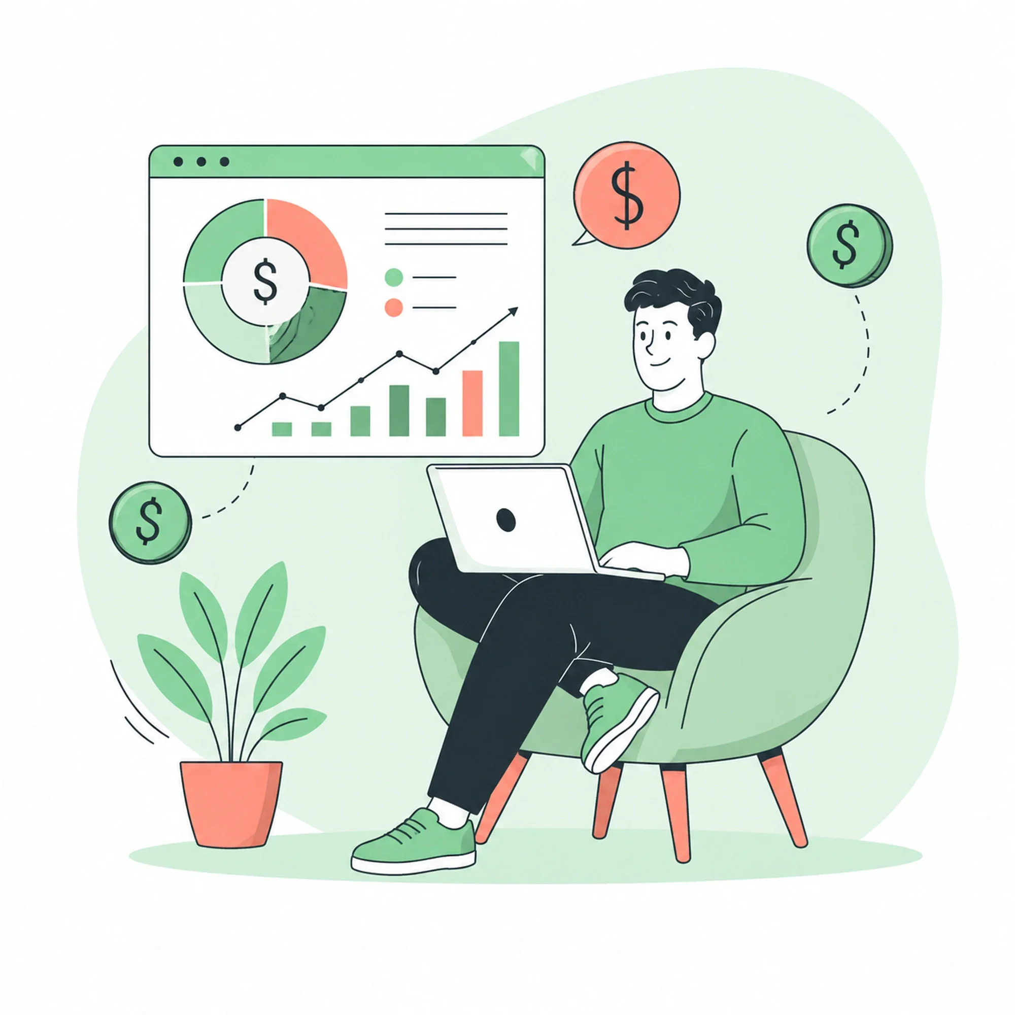 Illustration of a business analyst reviewing revenue and financial performance