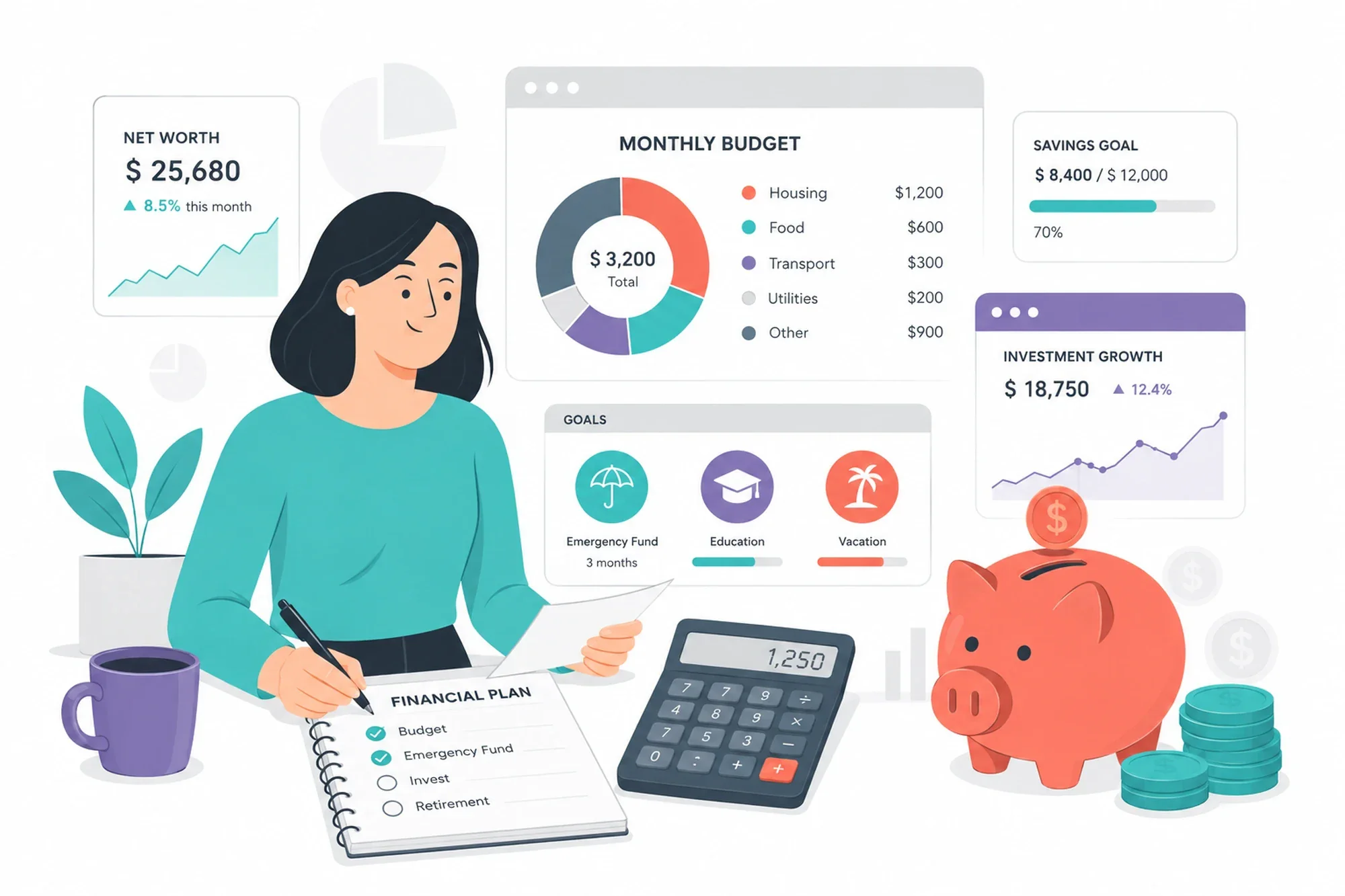 Illustration of a person organizing money, savings, and financial decisions