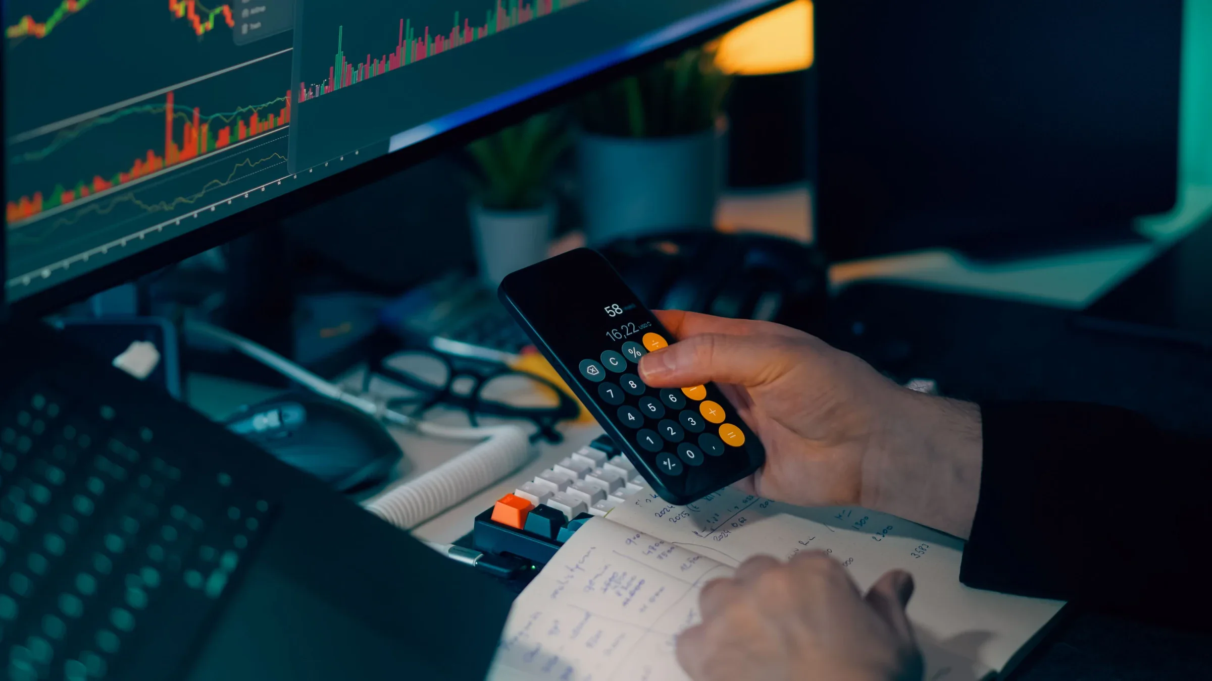Trading workstation displaying market charts and order information